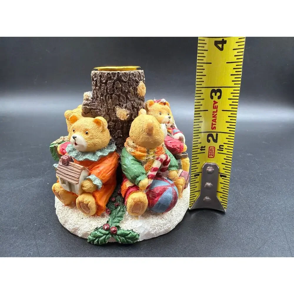 Vintage Teddy Bear Christmas Votive Candle Holder Resin Toys Tree Stump 3.5”x4”
